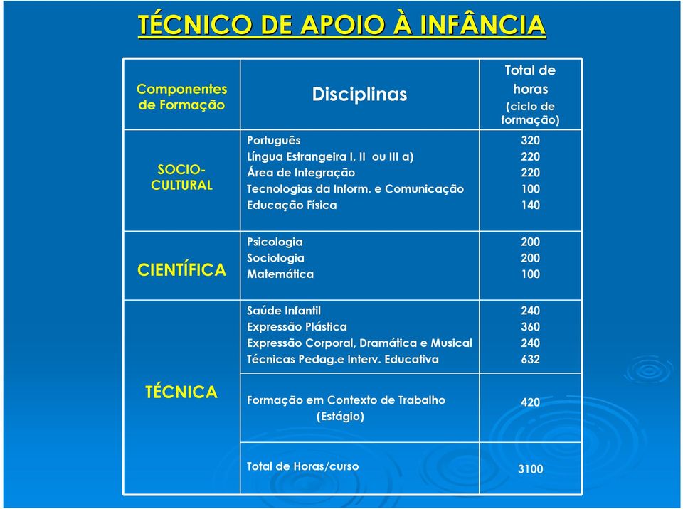 e Comunicação Educação Física Total de horas (ciclo de formação) 320 220 220 100 10 CIENTÍFICA Psicologia Sociologia