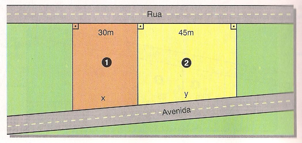 17) Esta planta mostra dois terrenos. s divisas laterais são perpendiculares à rua. Quais as medidas das frentes dos terrenos que dão para a avenida.