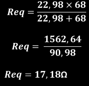 Com isso podemos imaginar o circuito assim: Veja que R1 e R2 se transformaram em um resistor de 22,98Ω.