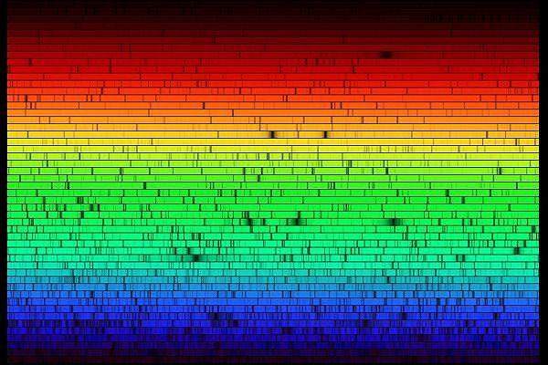 Espectro Solar: ESPECTRO DE ABSORÇÃO As linhas escuras são devidas aos gases na atmosfera solar.