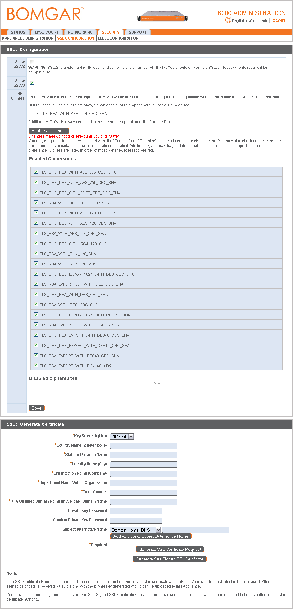 Configuração do SSL Escolha se SSLv2 ou SSLv3 deve ser utilizado para aceder à interface Web.