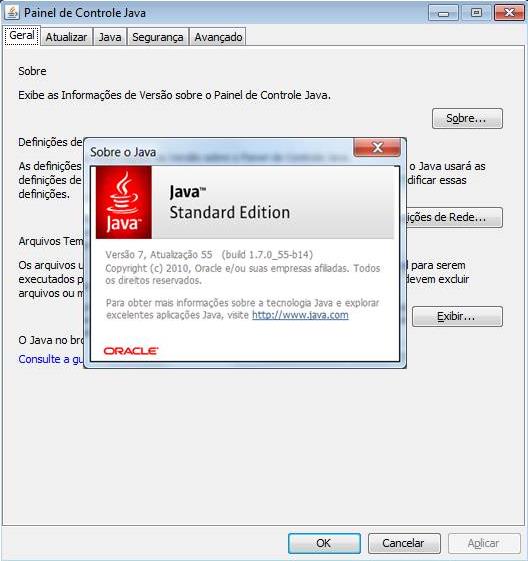 Para verificar a versão do Java na aba Geral clique no botão Sobre.