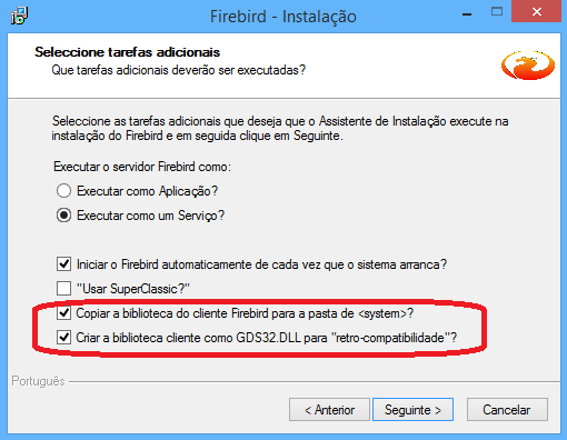 (C:\Program Files (x86)\fullcopyconvert\firebird- 2.5.2.26540_0_Win32.exe). 3. Ao instalar o Firebird certifique-se que na última etapa da instalação marque a seguinte opção.