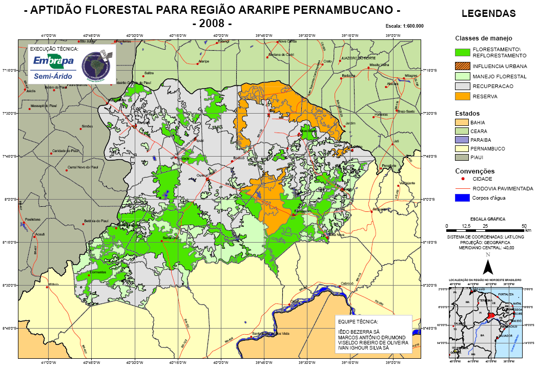 Figura 1. Mapa das aptidões florestais da região do Araripe pernambucano. Fonte: Sá et al. (2009). A demanda projetada de consumo do polo gesseiro para o período 2011-2015 é da ordem de 2.500.