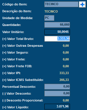 Há também a possibilidade de fazer a digitação do Valor total bruto de um item no seu lançamento, através da marcação do campo Valor total bruto na janela de controle de foco.