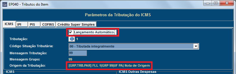 Os itens adicionados como devolução terão o calculo de impostos baseado na nota de origem, isso é demonstrado no detalhamento dos tributos do item no campo Origem da tributação.