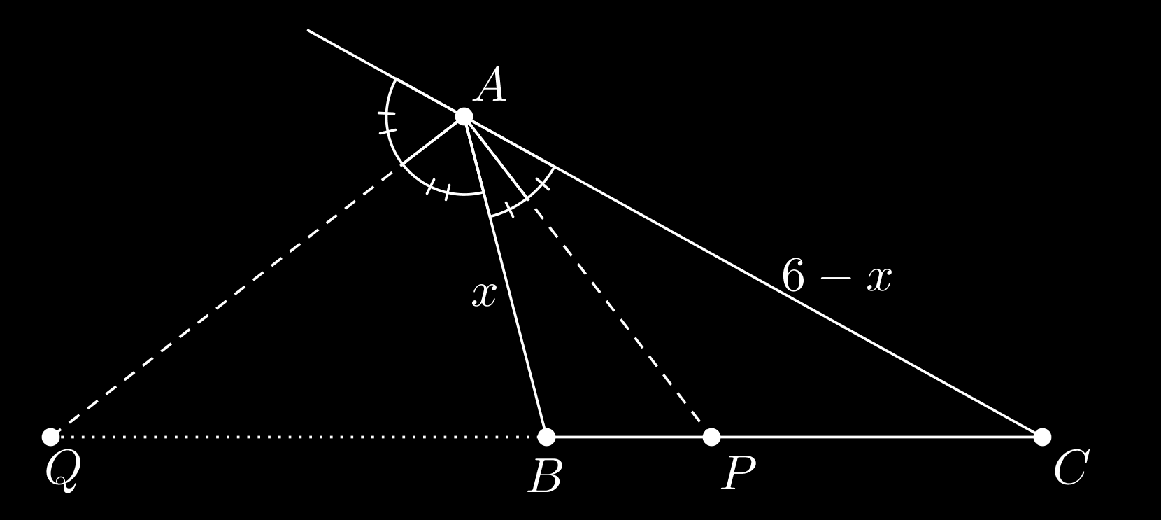 Calcule as medidas dos lados AB e AC do triângulo. Sejam P e Q os pés das bissetrizes interna e externa, respectivamente, partindo de A. Denotando x AB, temos AC P AB BC 9 x 3 6 x.