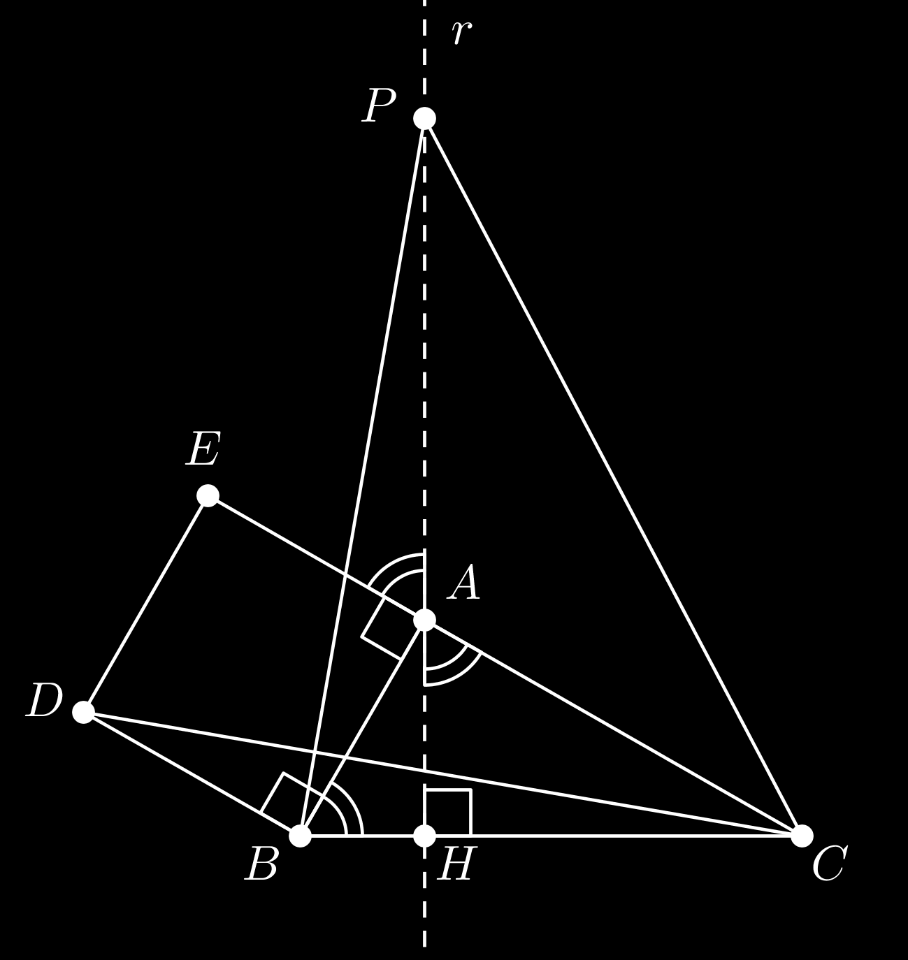 Questão 0 [,00 pts ] Considere um triângulo ABC retângulo em A. Por A, trace uma reta r perpendicular a BC, que encontra BC em H. Em r, marque o ponto P, tal que AP BC, estando A entre P e H.