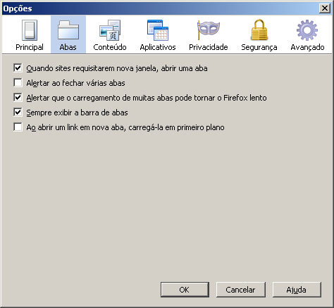 Principal Este item possibilita configurar a abertura do Mozilla Firefox. O usuário pode configurar a página inicial, as fontes e cores, idiomas, browser padrão e conexão.