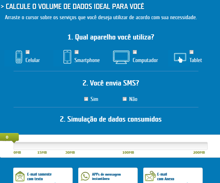 Simulador de Consumo de Dados (Inovação, Transparência, Cuidar do Cliente) http://www.tim.com.