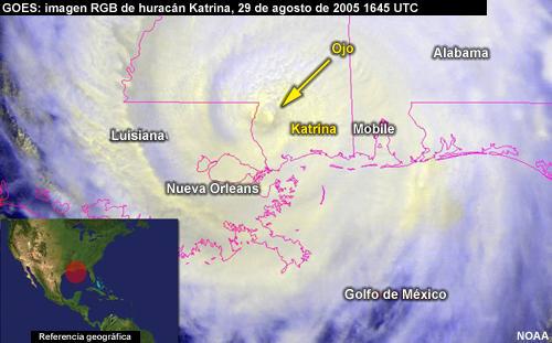 Animações RGB A imagem RGB seguinte mostra o Furacão Katrina sobre o Mississippi, pouco tempo depois de chegar à costa. A imagem foi gerada atravês dos canais VIS e IV de GOES.