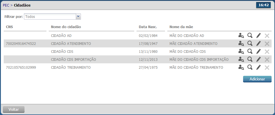 2. CIDADÃO Clique na opção Cidadão. Será apresentada a lista dos cidadãos previamente cadastrados ou importados do CDS. Visualiza Excluir Visualizar prontuário Editar 2.