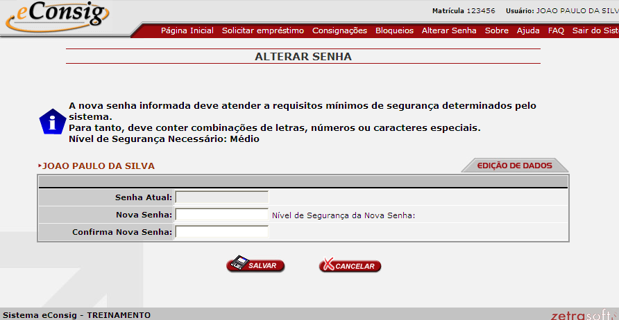 4.4 Alterar Senha Para acessar esta opção utilize o menu Alterar Senha. Esta opção permite que um usuário altere sua senha de acesso ao econsig.