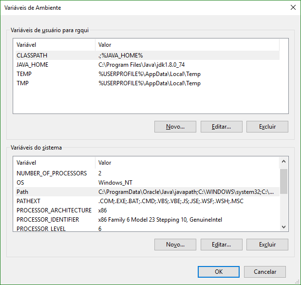 Java JDK Após estes procedimentos, a janela de Variáveis de Ambiente estará semelhante a da figura ao lado, contendo agora as duas variáveis