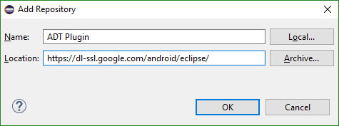 Eclipse ADT Plugin Irá aparecer outra janela, preencha como no exemplo abaixo: Name: ADT Plugin Location: