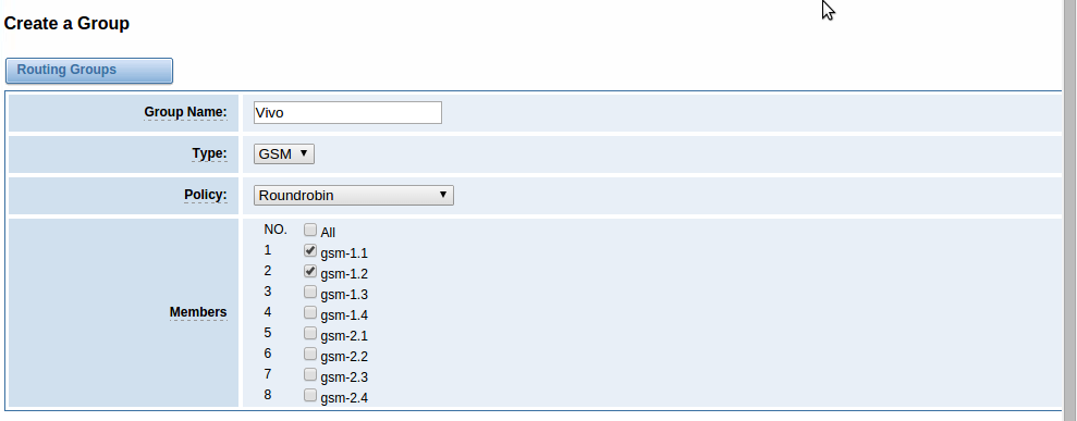 Em Create a Group (Routing Groups) preencha de acordo com os chips das operadoras que estão em seu equipamento.
