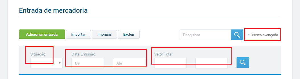 Situação: Status da Entrada (Todos, Em Aberto, Em Andamento, Atendido e Cancelado). Data de Emissão: É possível realizar a pesquisa entre datas.