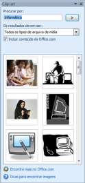 Inclui um ClipArt no documento incluindo desenhos, filmes, sons ou fotos de catálogo para ilustrar um conceito específico.