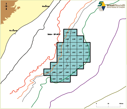 Bacia de Santos: 2 setores de águas rasas (SS-AR3 e SS-AR4), com o total de 306 blocos, e 1 setor de águas profundas (SS-AP4) com 20 blocos Figura 2.