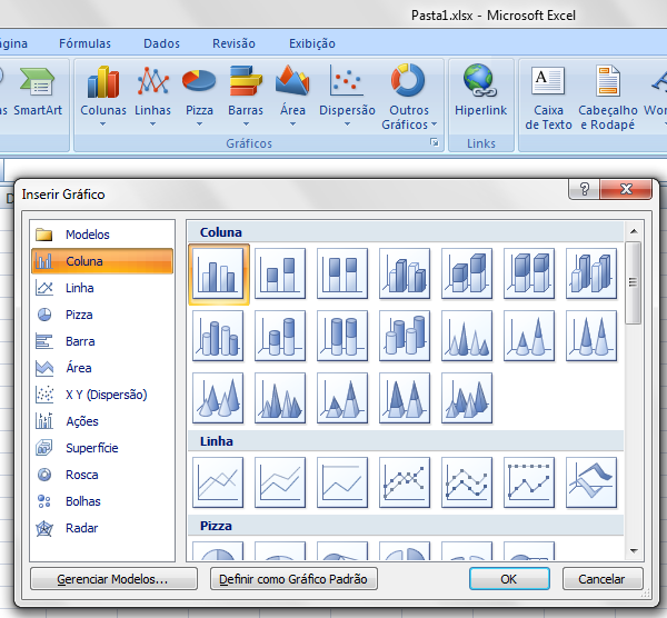 Gráficos Formatação automática de gráfico Ter uma tabela; Selecionar os dados de