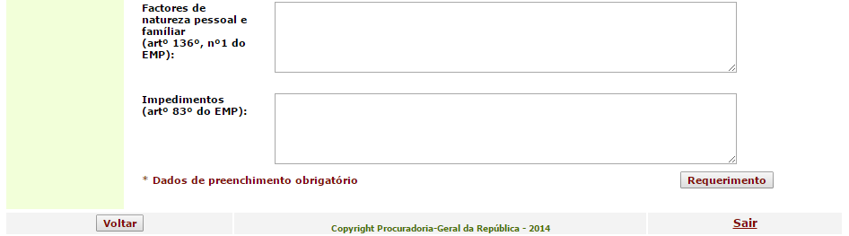 Depois de introduzido o UTILIZADOR e a PASSWORD pode começar a preencher o seu requerimento. Os campos E-Mail, Telefone e Telemóvel são de preenchimento obrigatório.