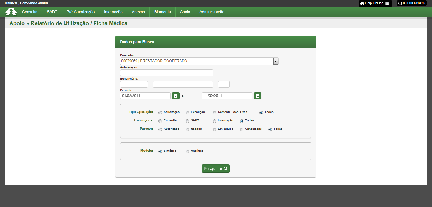 2º Exemplo: Relatório de Utilização: Neste exemplo, foi preenchido somente o campo Prestador e foi selecionado o Modelo Sintético.