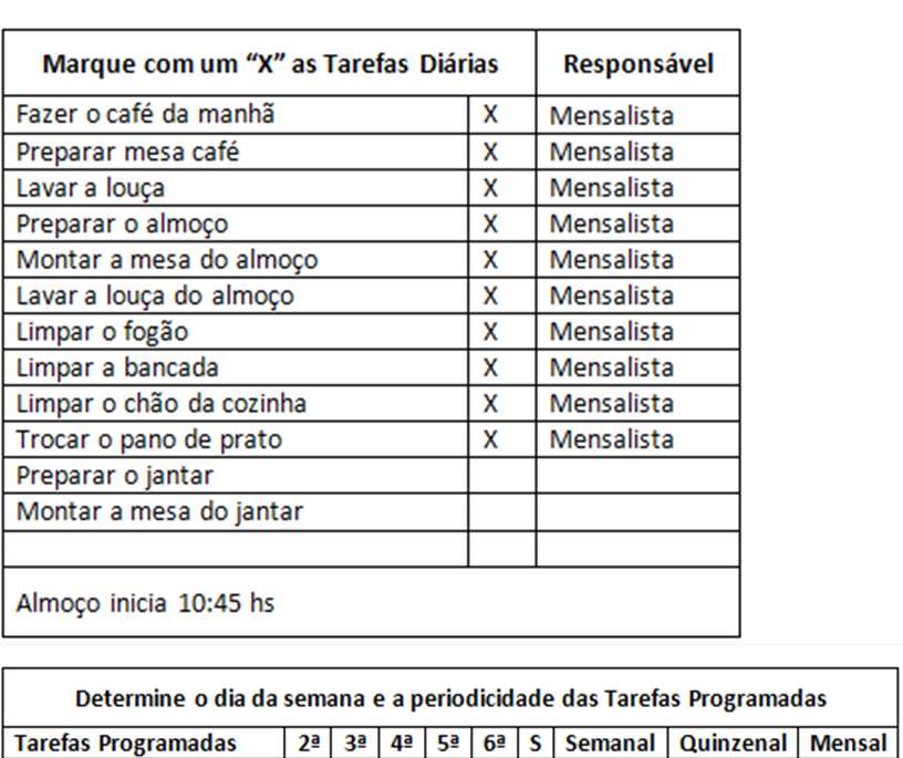 Uso das planilhas 50 As planilhas de tarefas diárias e programadas de cada ambiente auxiliam a Organizer a planejar e montar a rotina da empregada para cada