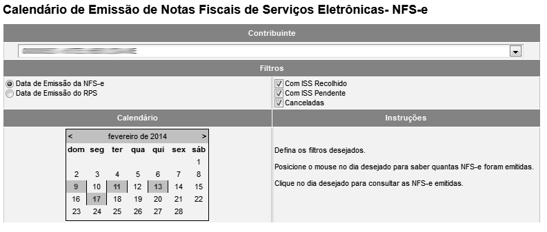 Página 83 de 118 11. Calendário de Emissão Neste item, você poderá visualizar todas as datas em que foram emitidas NFS-e ou RPS. Clique nos dias em que houve emissão de NFS-e para visualizá-las.