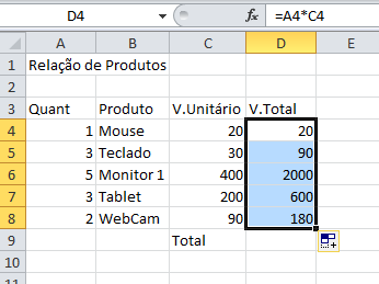 Para calcular o total você poderia utilizar o seguinte cálculo D4+D5+D6+D7+D8 porém isso não seria nada pratico em planilhas maiores.