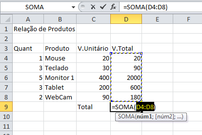 A primeira função é justamente Soam, então clique na célula e clique no botão de função.