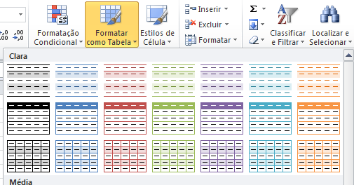 A segunda opção Formatar como Tabela permite também aplicar uma