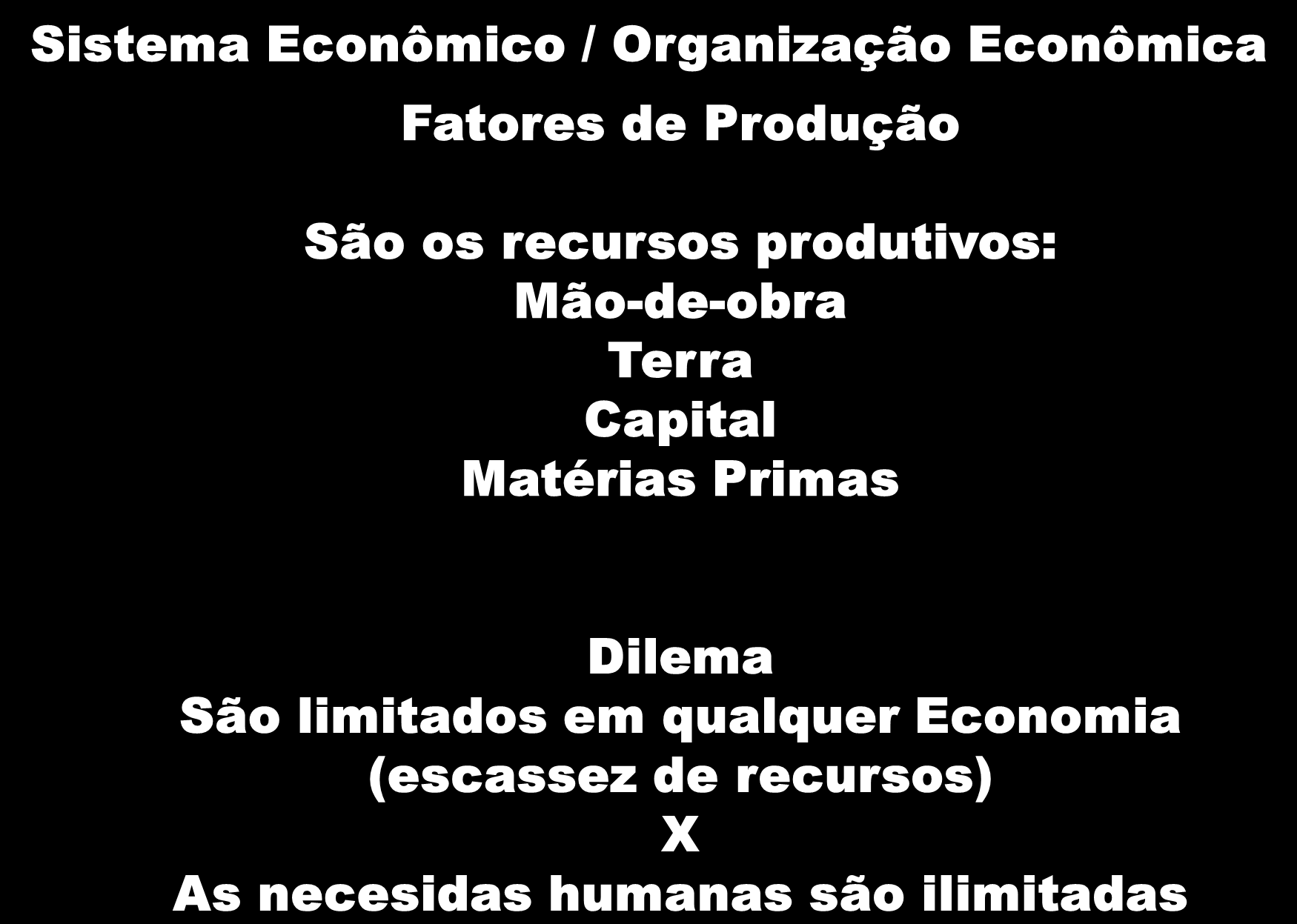 Fatores de Produção São os recursos produtivos: Mão-de-obra Terra Capital Matérias Primas Dilema