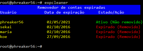 Como remover todos os usuários expirados de uma vez Use o comando: expcleaner Ele irá comparar a data de expiração dos usuários com a data de hoje.