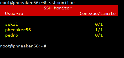 Verificar lista de usuários e quem está conectado Use o comando: sshmonitor Será mostrada a lista de usuários, o número de conexões e o limite de conexões permitidos na criação da conta.