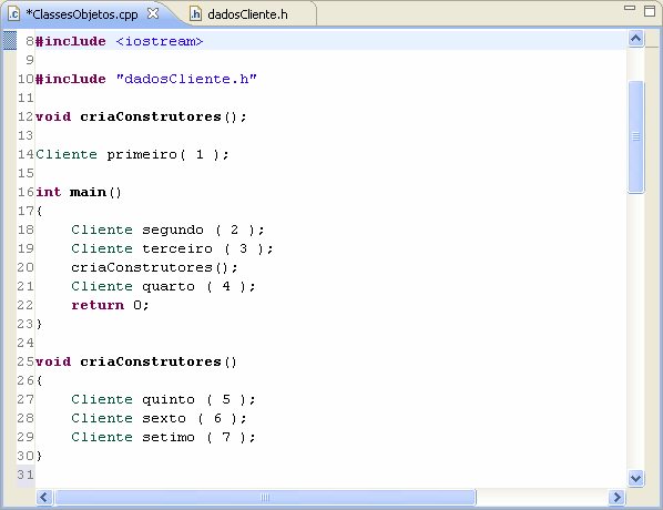 Construtores e Destrutores Exemplo: Definição do main e de uma classe