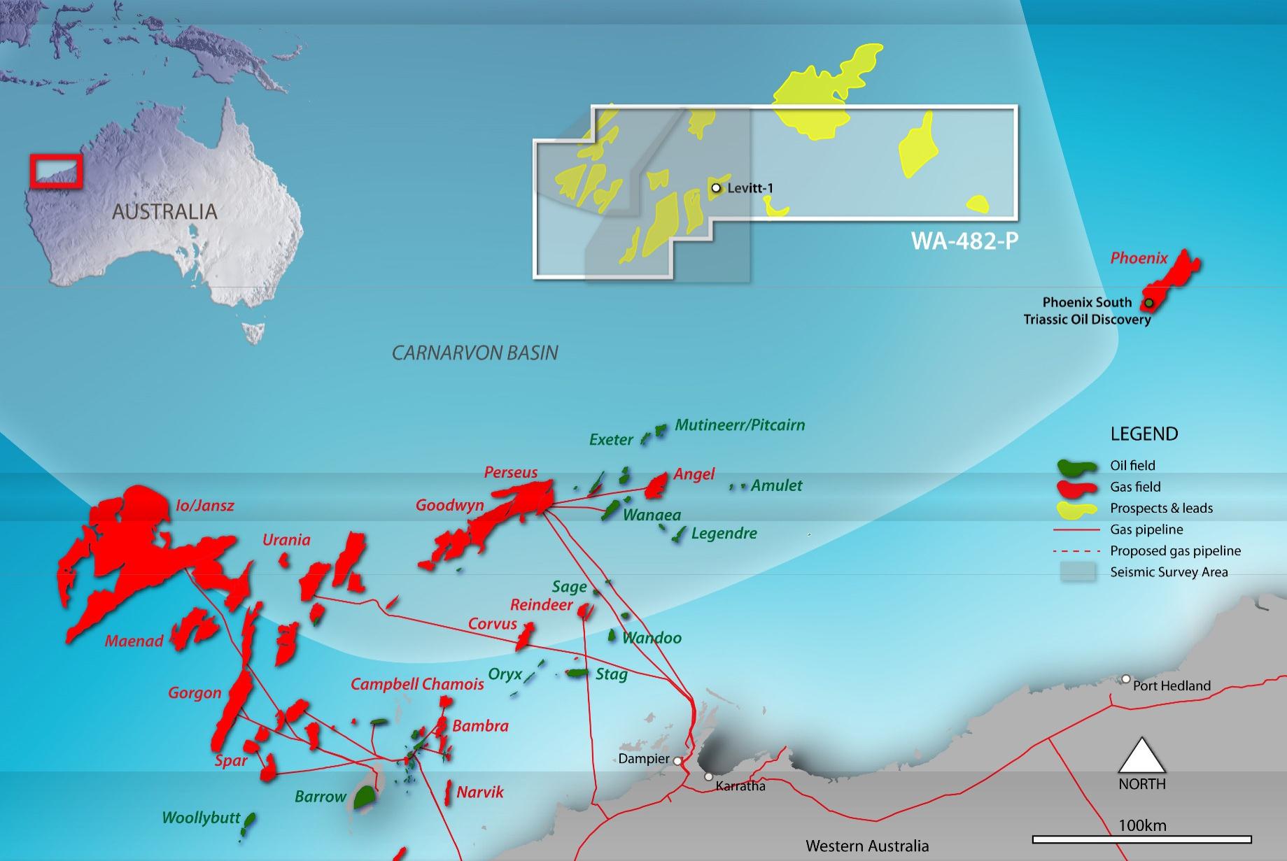 Área de exploração Bacia de Exploration Pipeline Carnarvon Basin Carnarvon AUSTRÁLIA BACIA DE CARNARVON Descoberta de petróleo Phoenix Sul