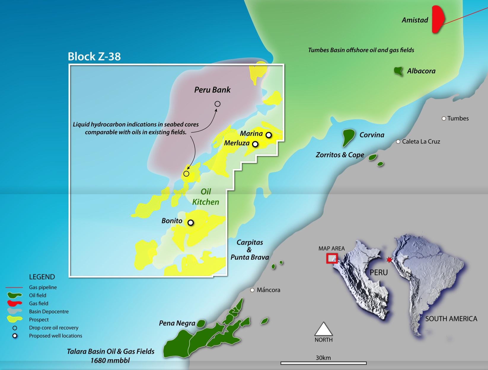 Área de exploração Bacia de Tumbes Exploration Pipeline Tumbes Basin Bloco Z-38 Campos marítimos de petróleo e gás da Bacia de Tumbes Indícios de hidrocarboneto líquido no fundo do mar compatíveis