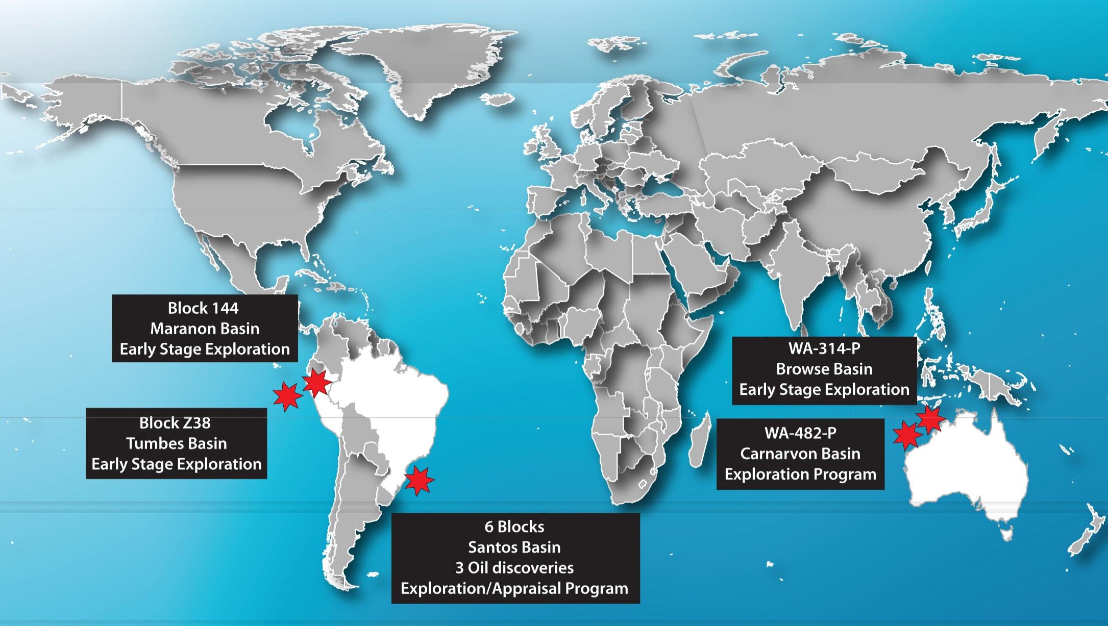 Área de cobertura da Karoon Karoon s Global Footprint Bloco 144 Bacia de Marañon Estágio inicial de exploração Bloco Z38 Bacia de Tumbes Estágio inicial de exploração WA-314-P Bacia