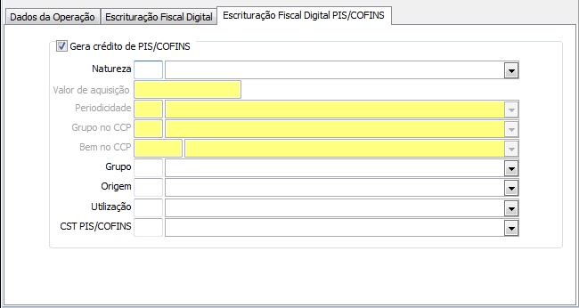 Devido a criação dos novos campos, o cadastro de bens foi dividido em três abas: Na aba Escrituração Fiscal Digital PIS/COFINS, criada a opção Gera crédito de PIS/COFINS.