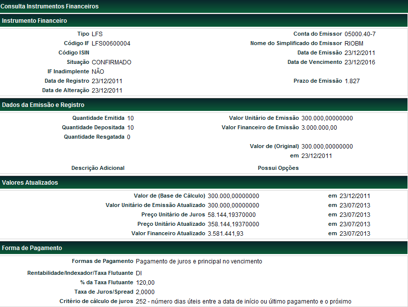 Observação: Para Instrumento Financeiro LF com distribuição pública, quando o campo Esforço Restrito encontrar-se marcado com a opção SIM, indica que o ativo é condicionado à Instrução CVM 476/09, os