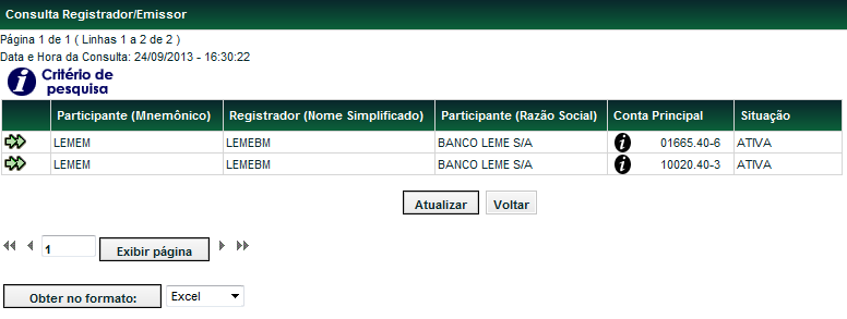 Tela Filtro Consulta de Registrador Ao clicar na dupla seta verde ( ) é apresentada a tela Consulta Instrumentos Financeiros, onde podem ser consultados os