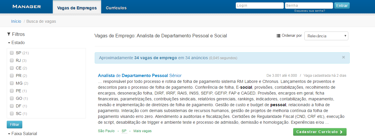 Analista de DP com esocial De R$ 3.000,00 a R$ 4.