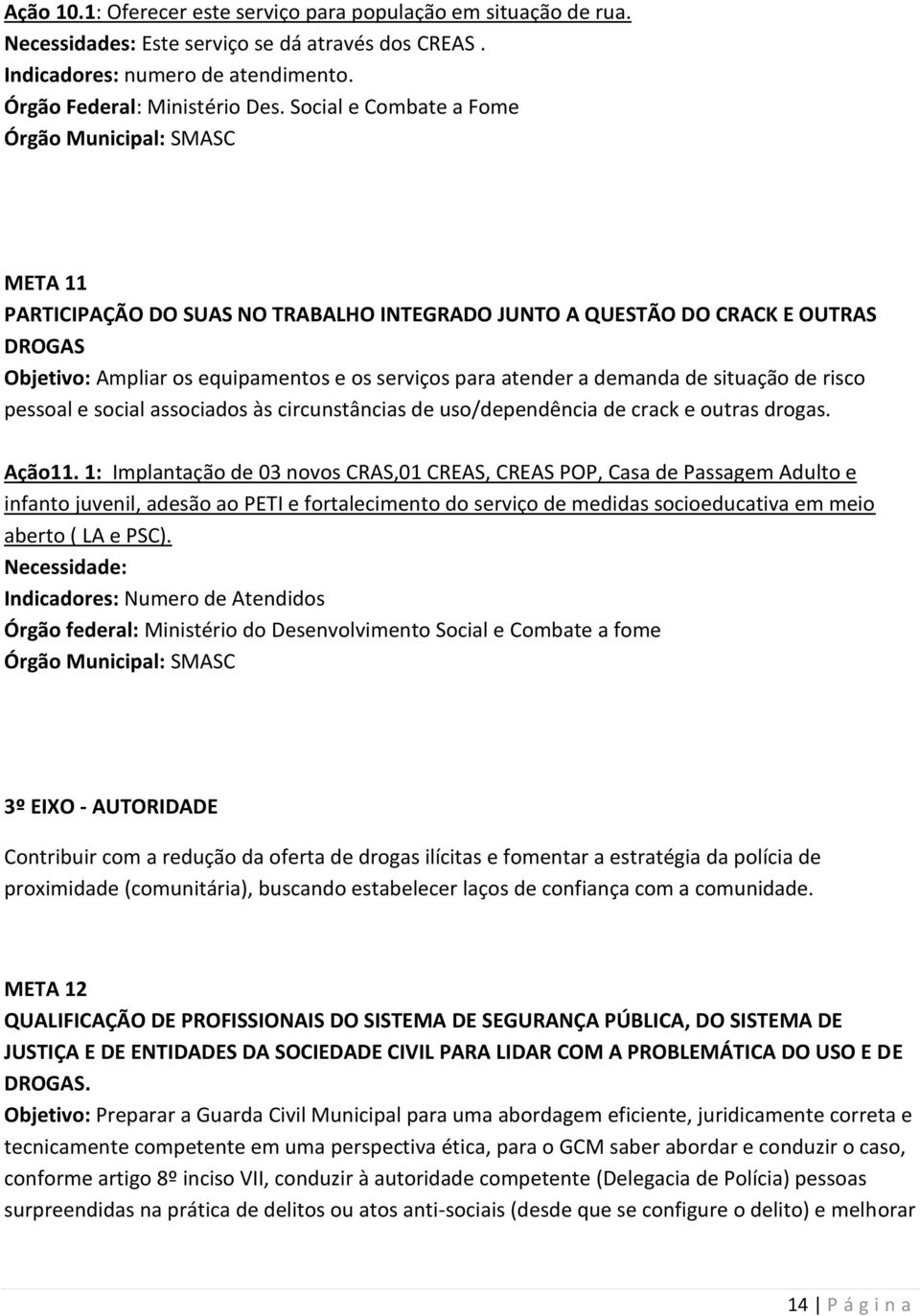 a demanda de situação de risco pessoal e social associados às circunstâncias de uso/dependência de crack e outras drogas. Ação11.