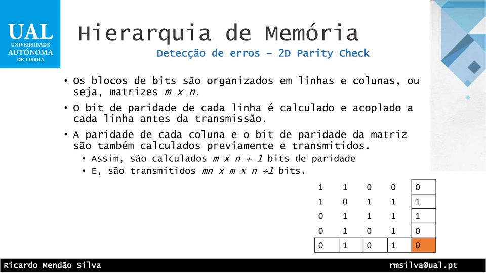 A paridade de cada coluna e o bit de paridade da matriz são também calculados previamente e transmitidos.