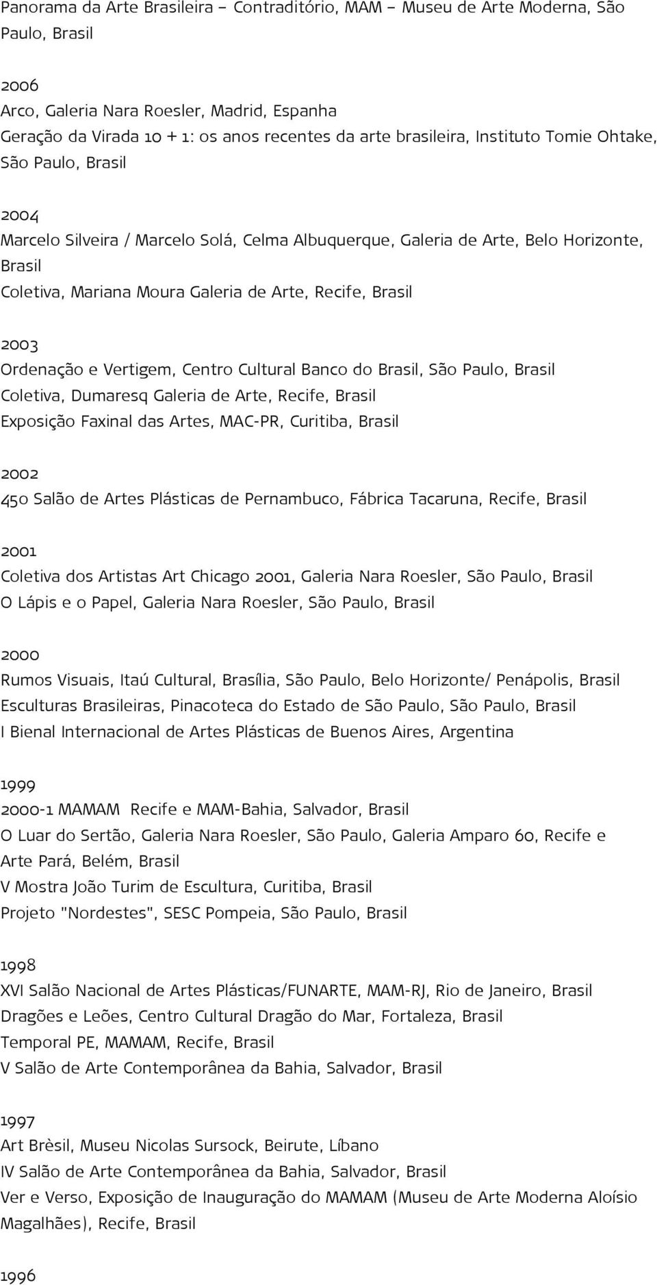 Ordenação e Vertigem, Centro Cultural Banco do Brasil, São Paulo, Brasil Coletiva, Dumaresq Galeria de Arte, Recife, Brasil Exposição Faxinal das Artes, MAC-PR, Curitiba, Brasil 2002 45o Salão de