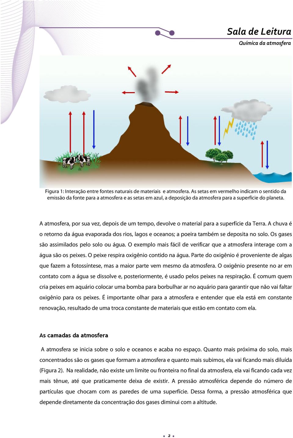 A atmosfera, por sua vez, depois de um tempo, devolve o material para a superfície da Terra. A chuva é o retorno da água evaporada dos rios, lagos e oceanos; a poeira também se deposita no solo.