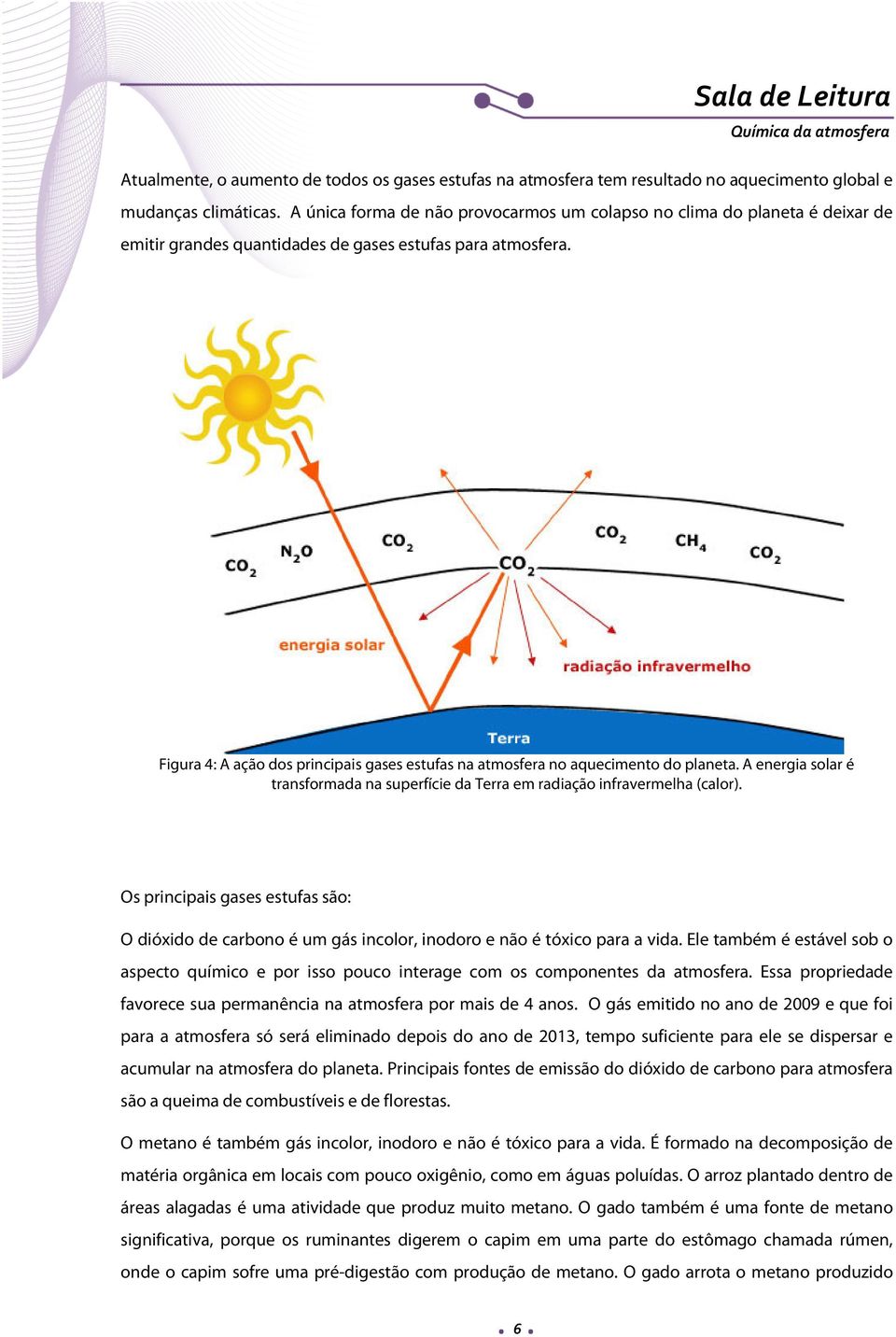 Figura 4: A ação dos principais gases estufas na atmosfera no aquecimento do planeta. A energia solar é transformada na superfície da Terra em radiação infravermelha (calor).