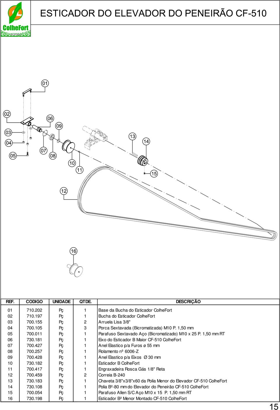257 Pç 1 Rolamento nº 6006-Z 09 700.428 Pç 1 Anel Elastico p/a Eixos Ø 30 mm 10 730.182 Pç 1 Esticador B ColheFort 11 700.417 Pç 1 Engraxadeira Rosca Gás 1/8" Reta 12 700.