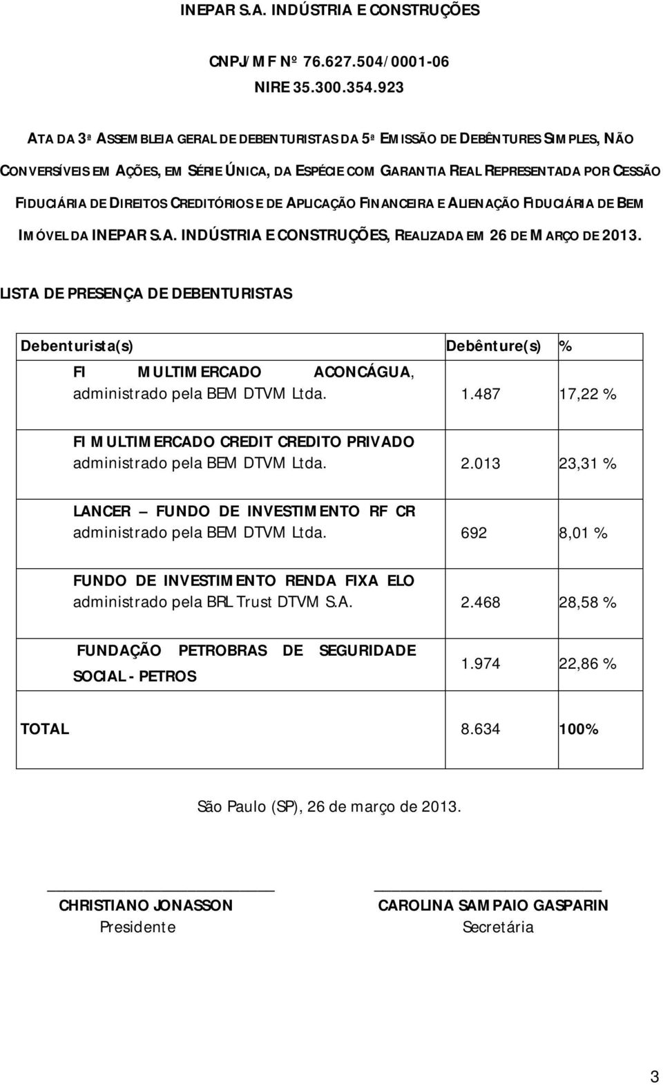 DIREITOS CREDITÓRIOS E DE APLICAÇÃO FINANCEIRA E ALIENAÇÃO FIDUCIÁRIA DE BEM IMÓVEL DA INEPAR S.A. INDÚSTRIA E CONSTRUÇÕES, REALIZADA EM 26 DE MARÇO DE 2013.