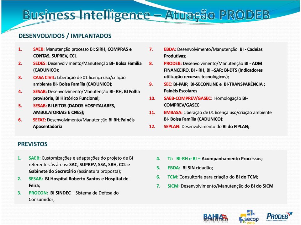 SESAB: BI LEITOS (DADOS HOSPITALARES, AMBULATORIAIS E CNES); 6. SEFAZ:Desenvolvimento/Manutenção BI RH;Painéis Aposentadoria 7. EBDA: Desenvolvimento/Manutenção BI -Cadeias Produtivas; 8.